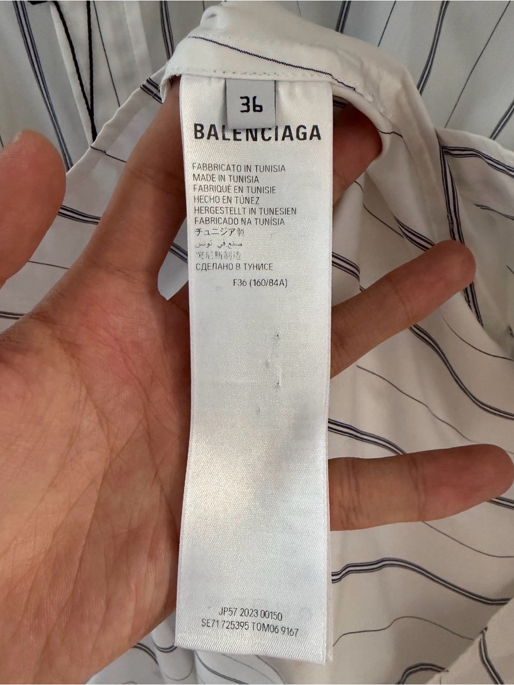 Balenciaga White Shirt with Black Logo and Navy Pinstripes - Picture 4 of 5